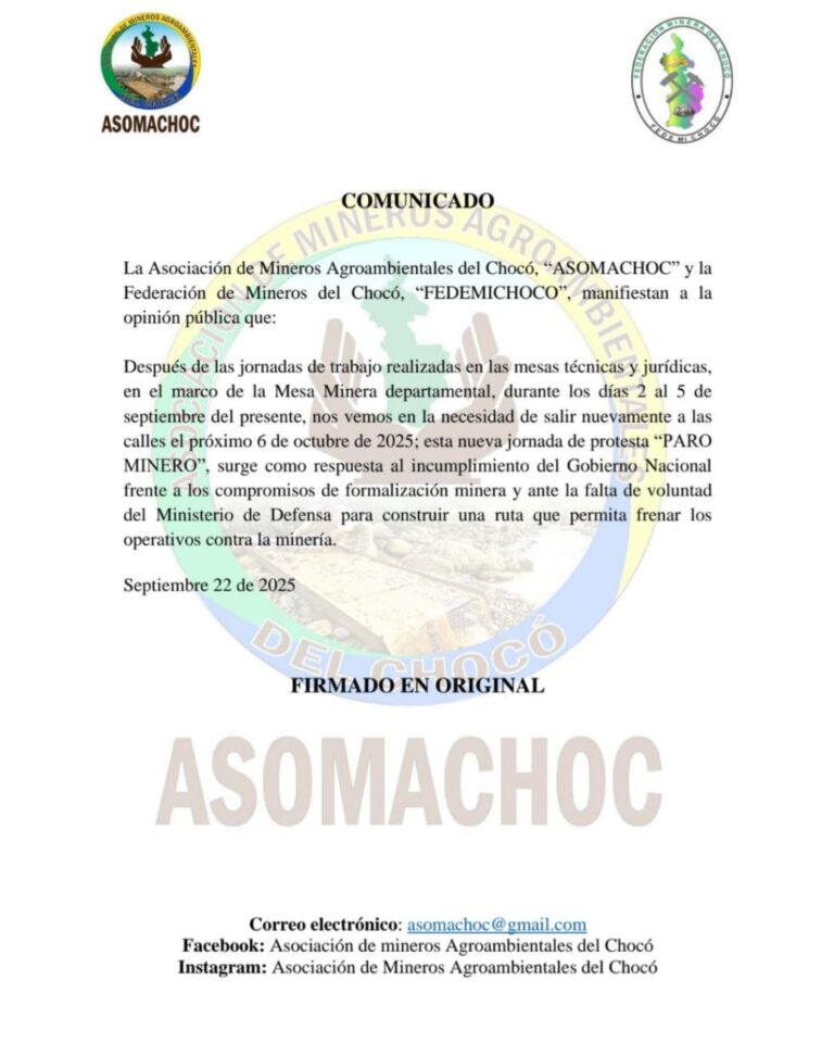Mineros del Chocó anuncian un nuevo paro para el 6 de octubre por incumplimientos del gobierno nacional